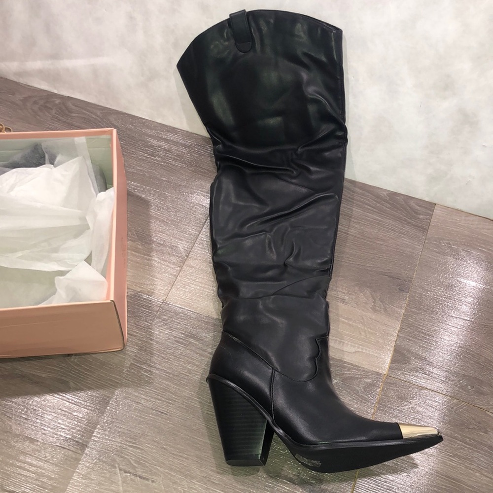 Givana Western Cowgirl Black Over the Knee Boots w/ Cap New